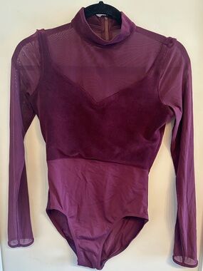 Mirella Plum Sheer Mock Neck Long Sleeve leotard